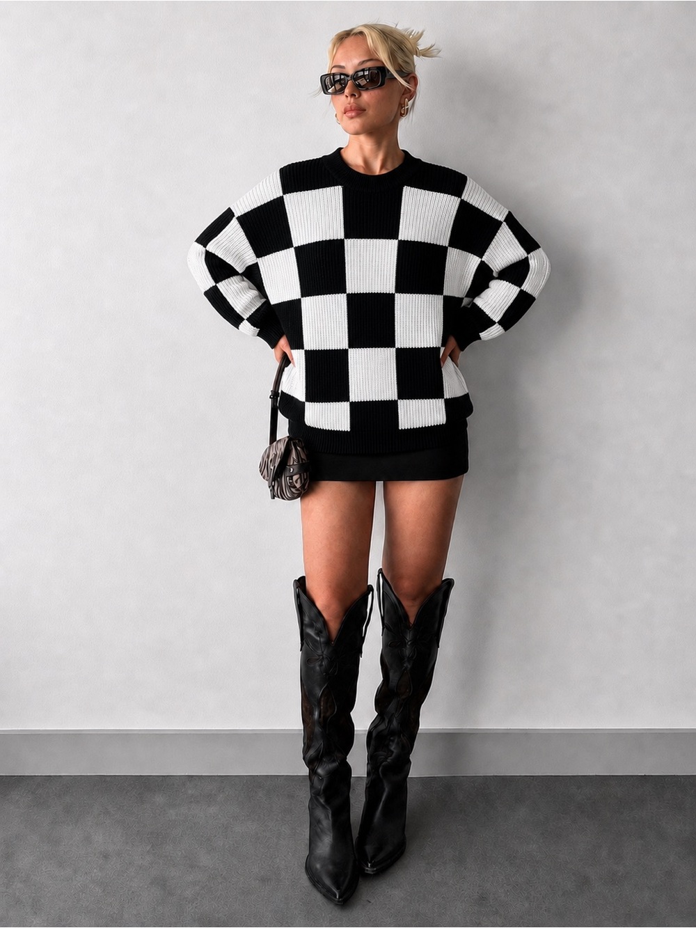 Torrid Checkerboard Sweater Size 2 Black White Oversized Knit Pullover